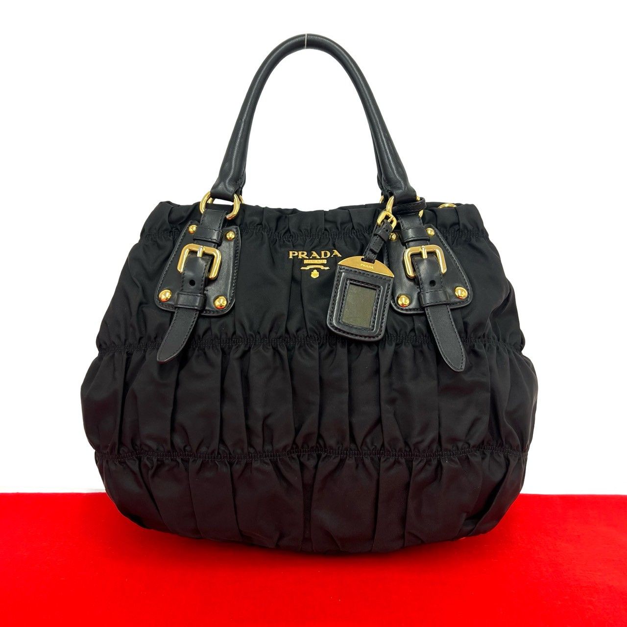 極 美品 PRADA プラダ ロゴ 金具 ギャザー ナイロン レザー 本革 