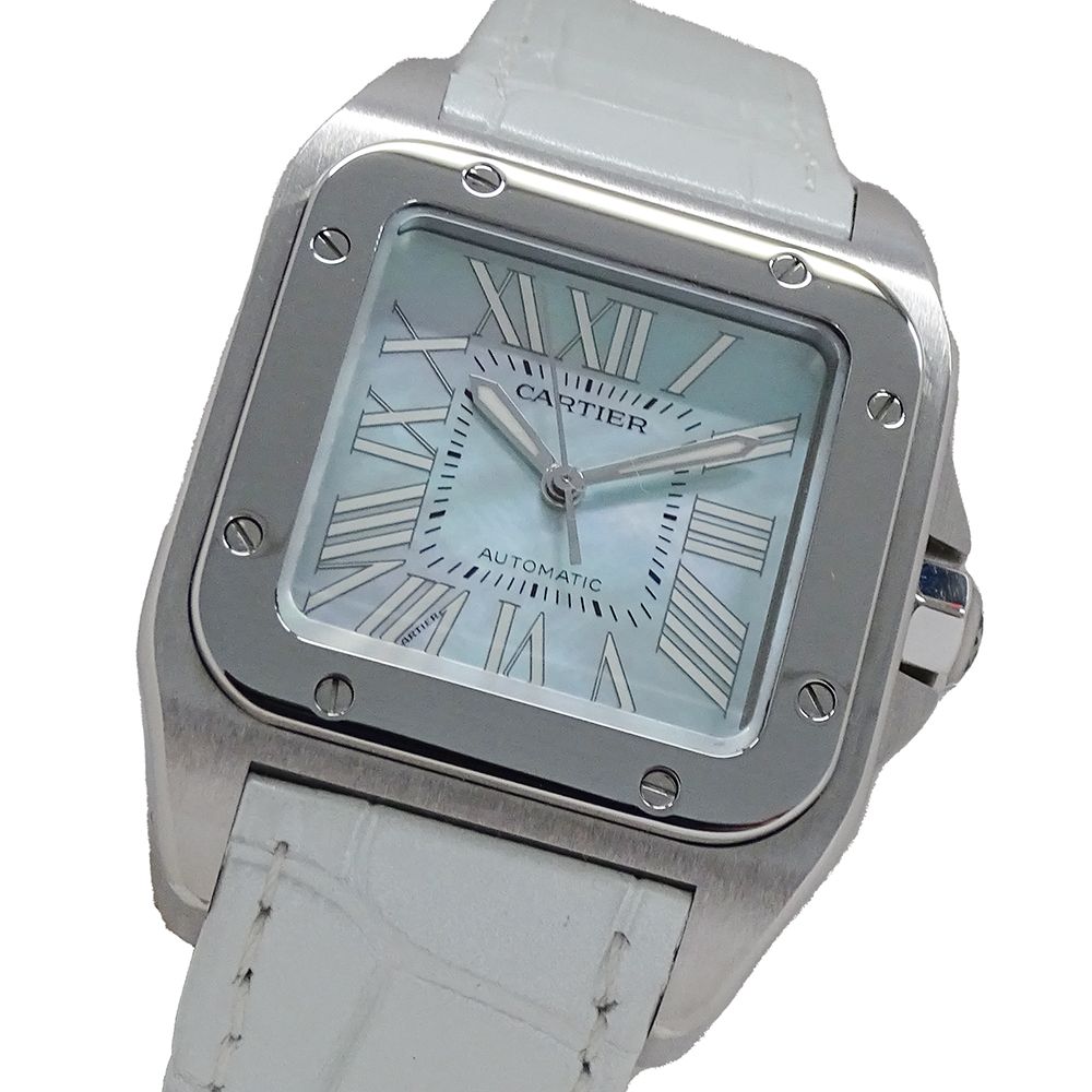 カルティエ Cartier 時計 ボーイズ ブランド サントス100 MM シェル 100周年記念 世界限定1800本 自動巻き AT ステンレス SS レザー W20132X8 磨き済み 【中古】