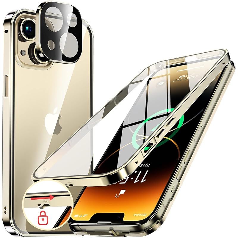 【新品】 NIANGUO【ロック機能付き・自動ポップアップボタン】 iPhone14 用 ケース クリア 【両面強化ガラス】 9H硬度 【一体型レンズ保護】 アイフォン14 カバー アルミバンパー メタルフレーム 耐衝撃 傷防止 高感度タッチ 薄型 軽量 ワイ