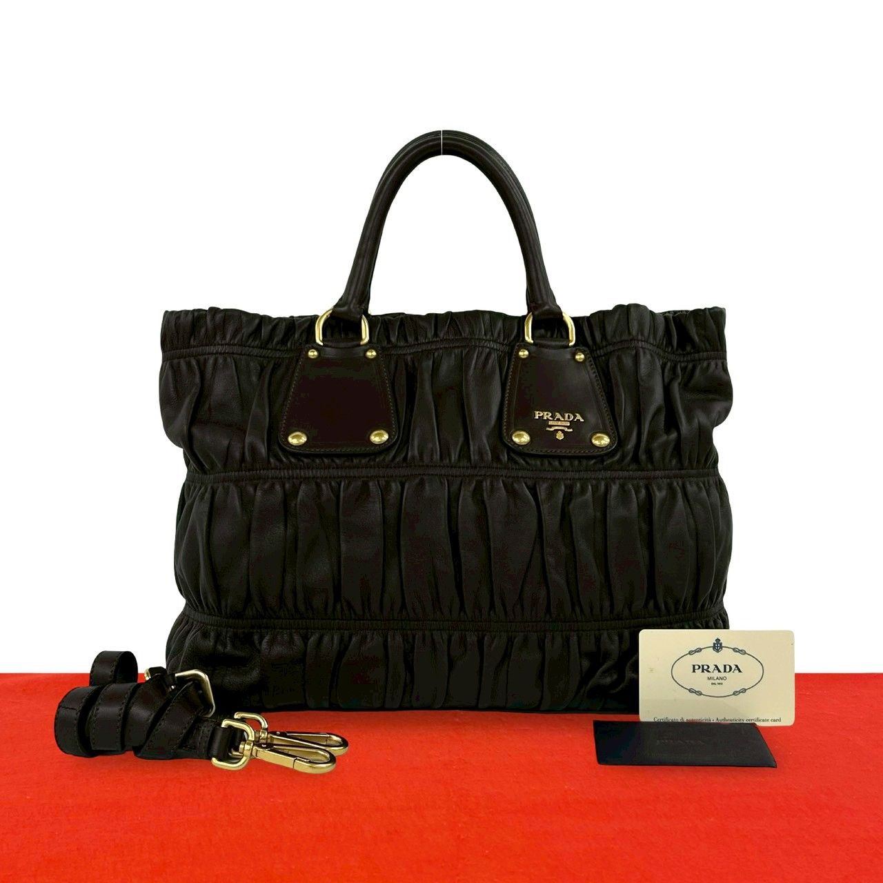 極 美品 PRADA プラダ ロゴ 金具 ギャザー レザー 本革 2way 
