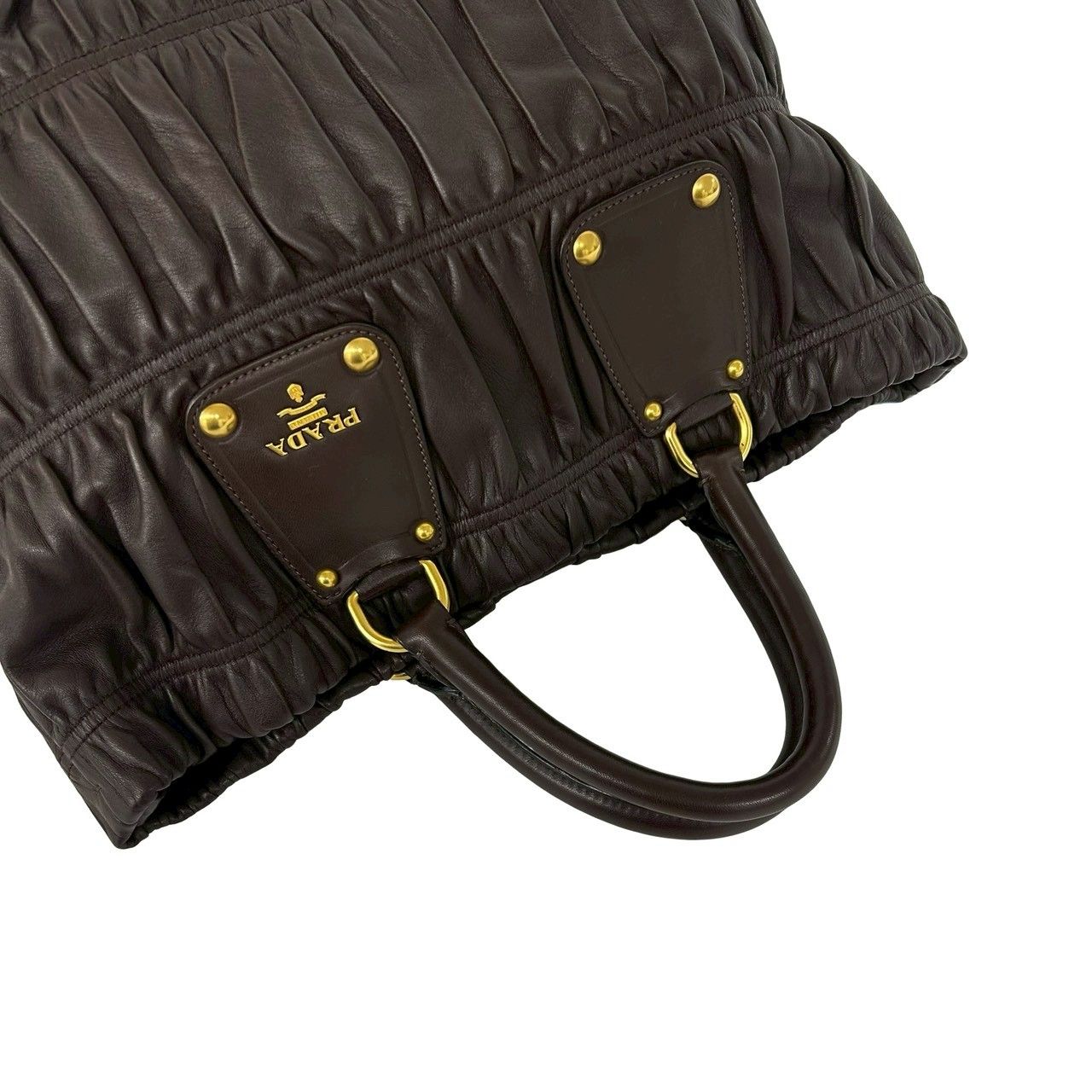 極 美品 PRADA プラダ ロゴ 金具 ギャザー レザー 本革 2way 