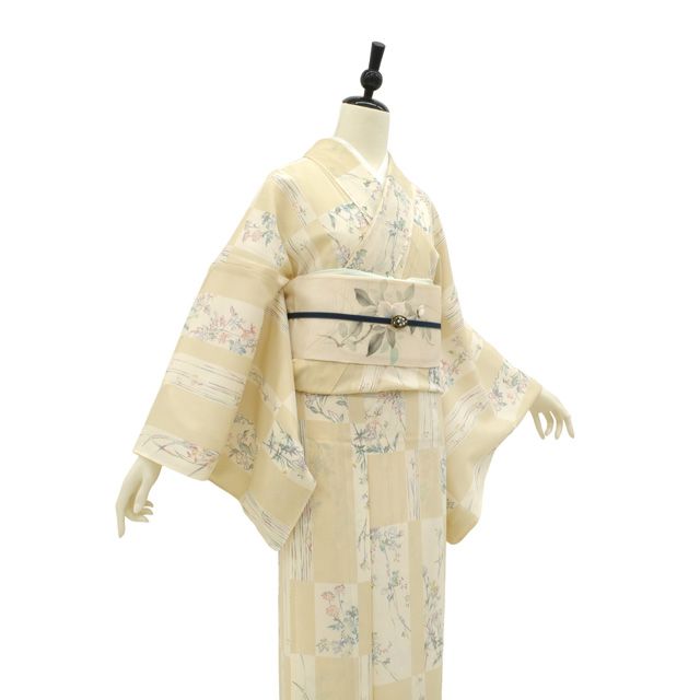 器物もようの夏小紋　絽　正絹　イエロー 新古品】 夏物 小紋 薄物 着物 絽 正絹 浅黄 ライトイエローベージュ