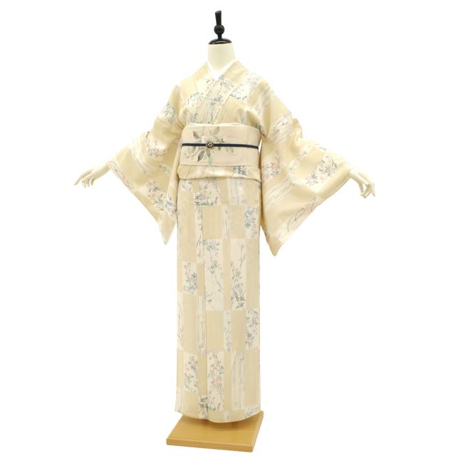 新古品】 夏物 小紋 薄物 着物 絽 正絹 浅黄 ライトイエローベージュ