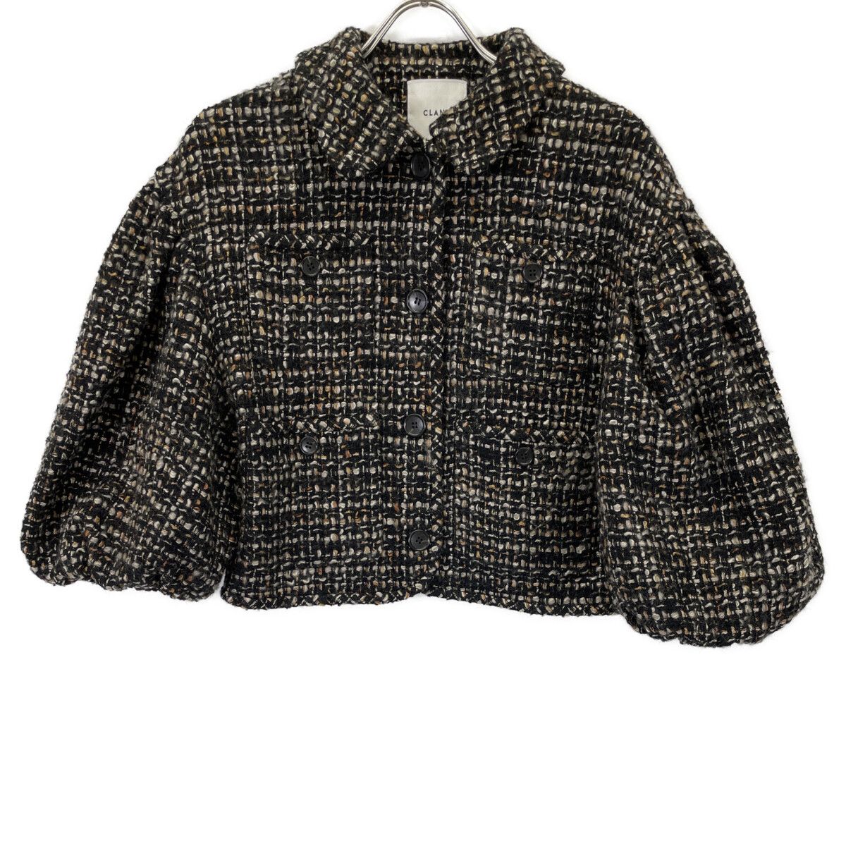 CLANE クラネ ブラック mix tweed puffsleeve jacket/ミックスツイード