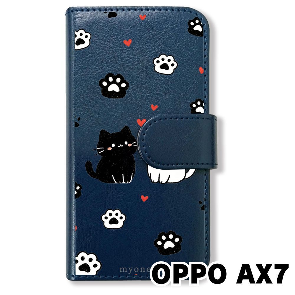 新品未使用】 OPPO AX7 手帳型スマホ ケース カバー (色：ネイビー×猫