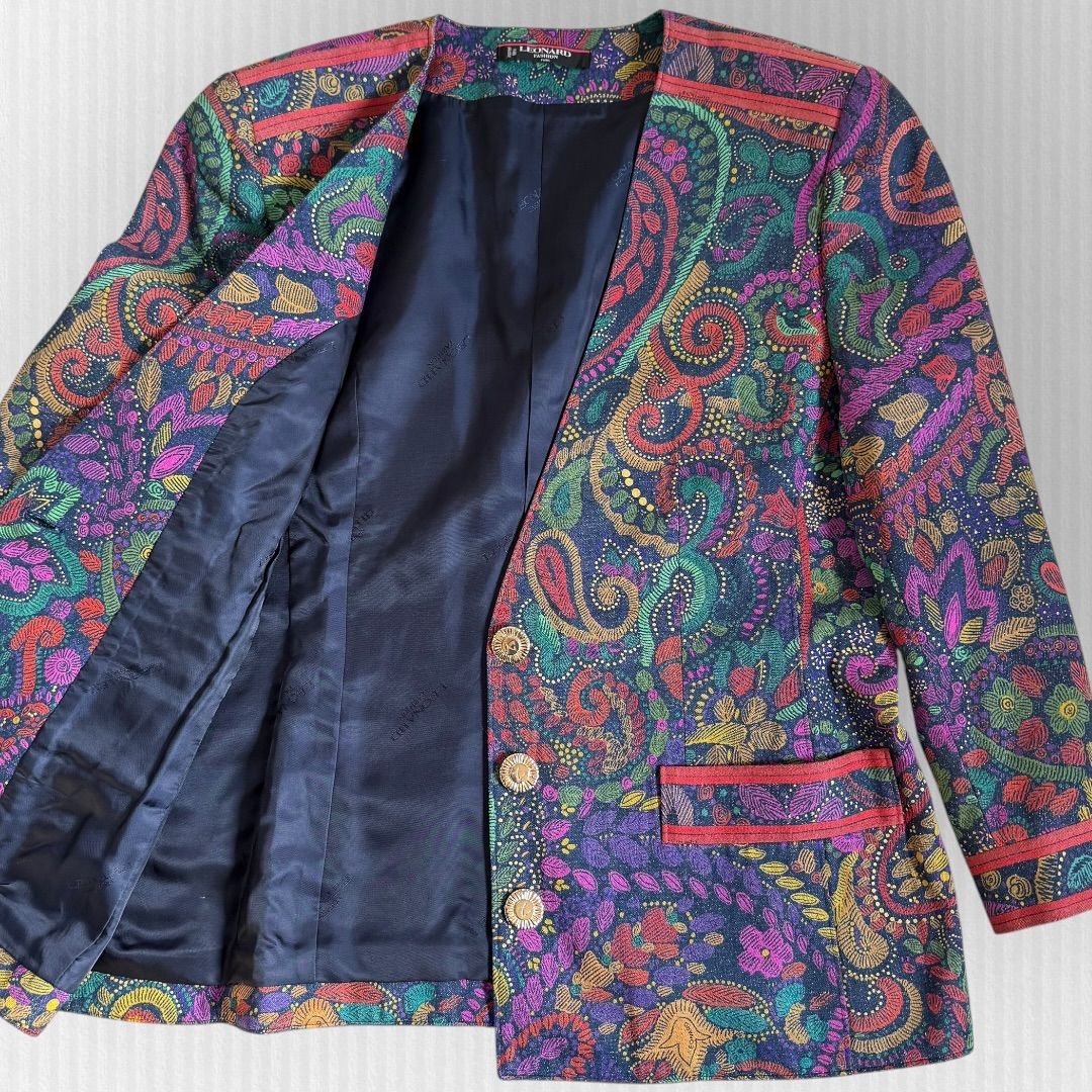 LEONARD レオナール 花柄シルク混 ノーカラージャケット 13号 金ボタン 