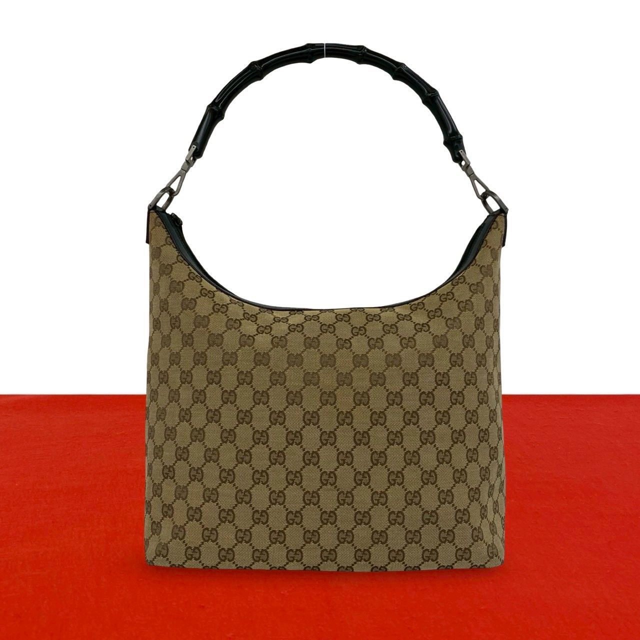 極 美品 GUCCI グッチ バンブー GG 柄 キャンバス レザー 本革 セミ