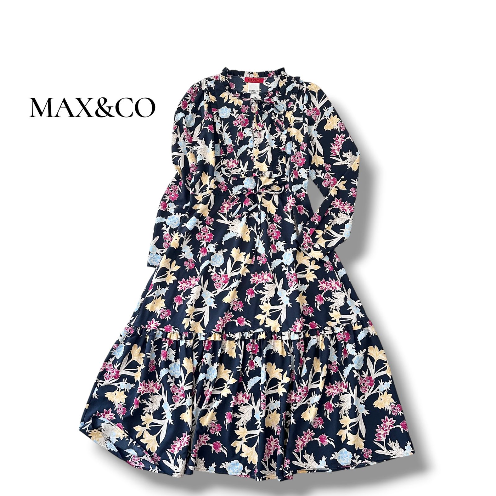 マックスアンドコー MAX&CO フラワープリント フリル ロングワンピース ネイビー 42 XL 大きいサイズ 総柄 ✨美品✨ 6M001