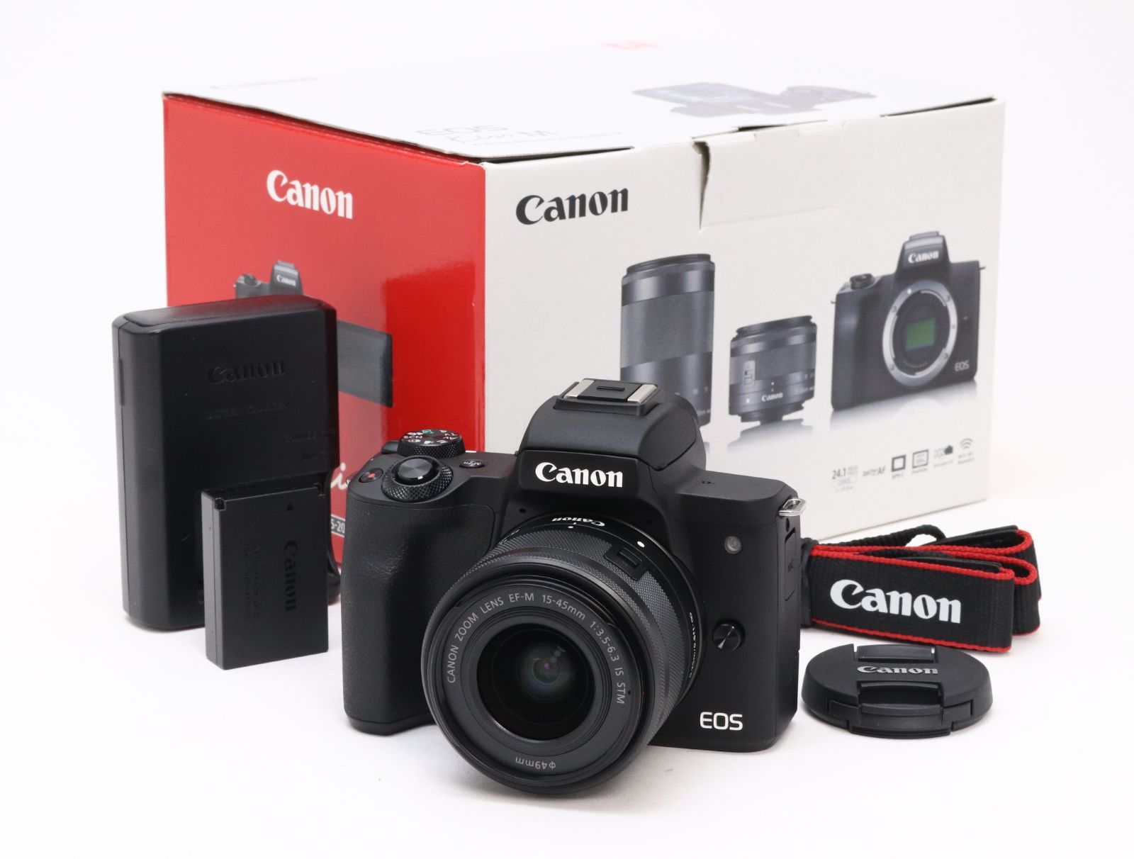 AB+ (良品) Canon キヤノン EOS Kiss M EF-M 15-45mm IS STM レンズキット ブラック 初期不良返品対応 55-65
