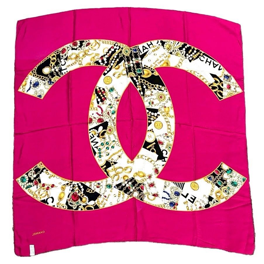 CHANEL シャネル ココマーク ジュエル スカーフ ピンク シルク 宝石 アクセサリー柄 デカココ レディース CHANEL シャネル ココマーク ジュエル スカーフ ピンク シルク 宝石 アクセサリー柄 デカココ レディース