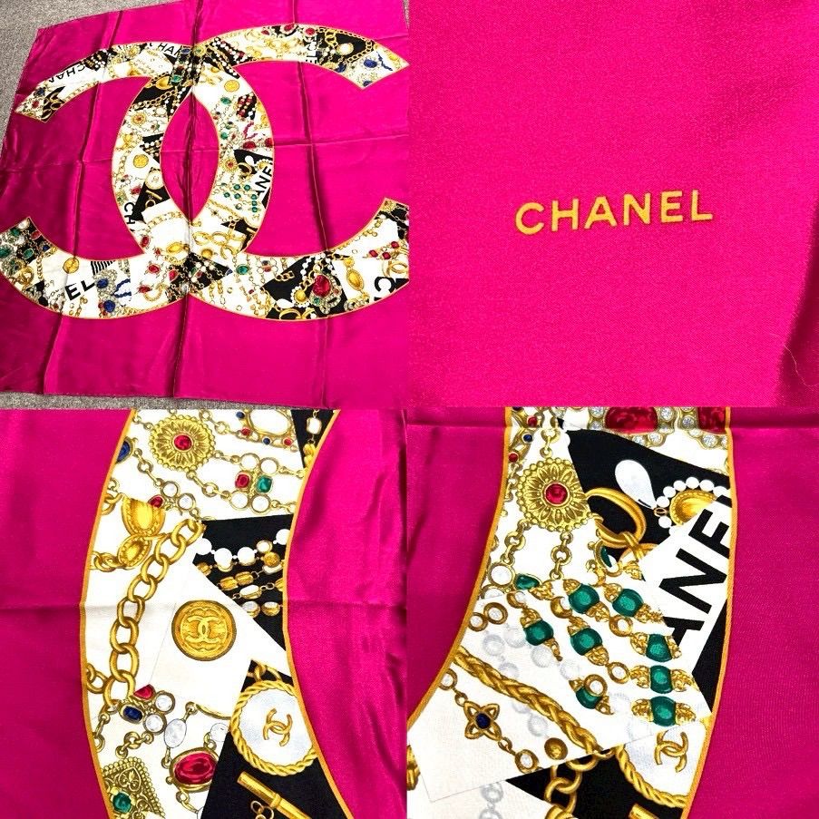 CHANEL シャネル ココマーク ジュエル スカーフ ピンク シルク 宝石 アクセサリー柄 デカココ レディース CHANEL シャネル ココマーク ジュエル スカーフ ピンク シルク 宝石 アクセサリー柄 デカココ レディース