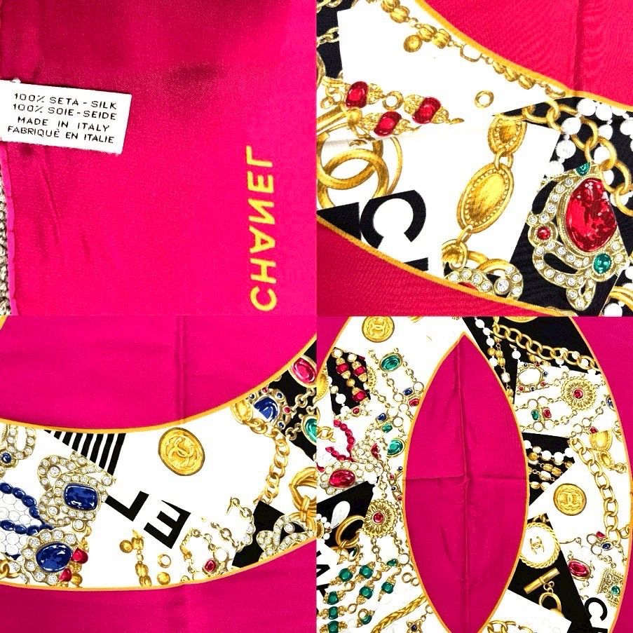 CHANEL シャネル ココマーク ジュエル スカーフ ピンク シルク 宝石 アクセサリー柄 デカココ レディース CHANEL シャネル ココマーク ジュエル スカーフ ピンク シルク 宝石 アクセサリー柄 デカココ レディース