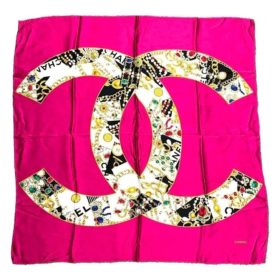 CHANEL シャネル ココマーク ジュエル スカーフ ピンク シルク 宝石 アクセサリー柄 デカココ レディース