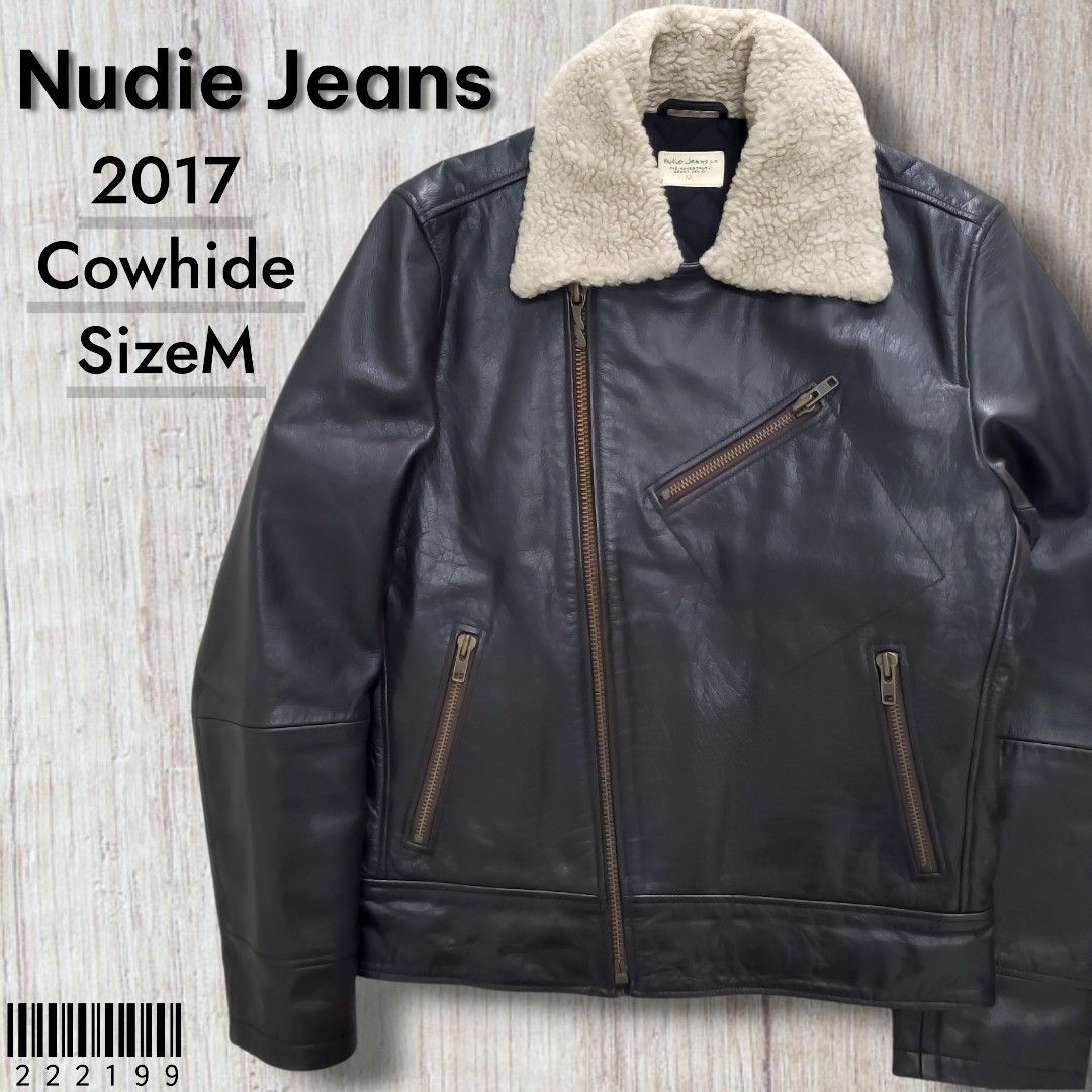 NudieJeans ヌーディージーンズ■美品 2017年 牛革 Greger Aviator Leather Jacket アビエイタージャケット M こげ茶 中綿入り ボア レザー セミダブル ライダース 定価83600
