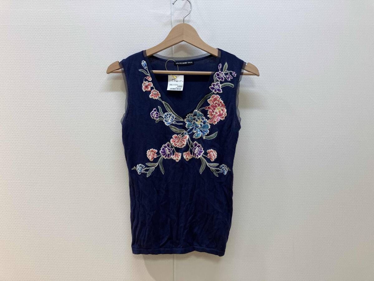 VIVIENNE TAM ヴィヴィアンタム ノースリーブトップス サイズ1 紺 ネイビー フラワー刺繍 スパンコール シルク 絹 レディース