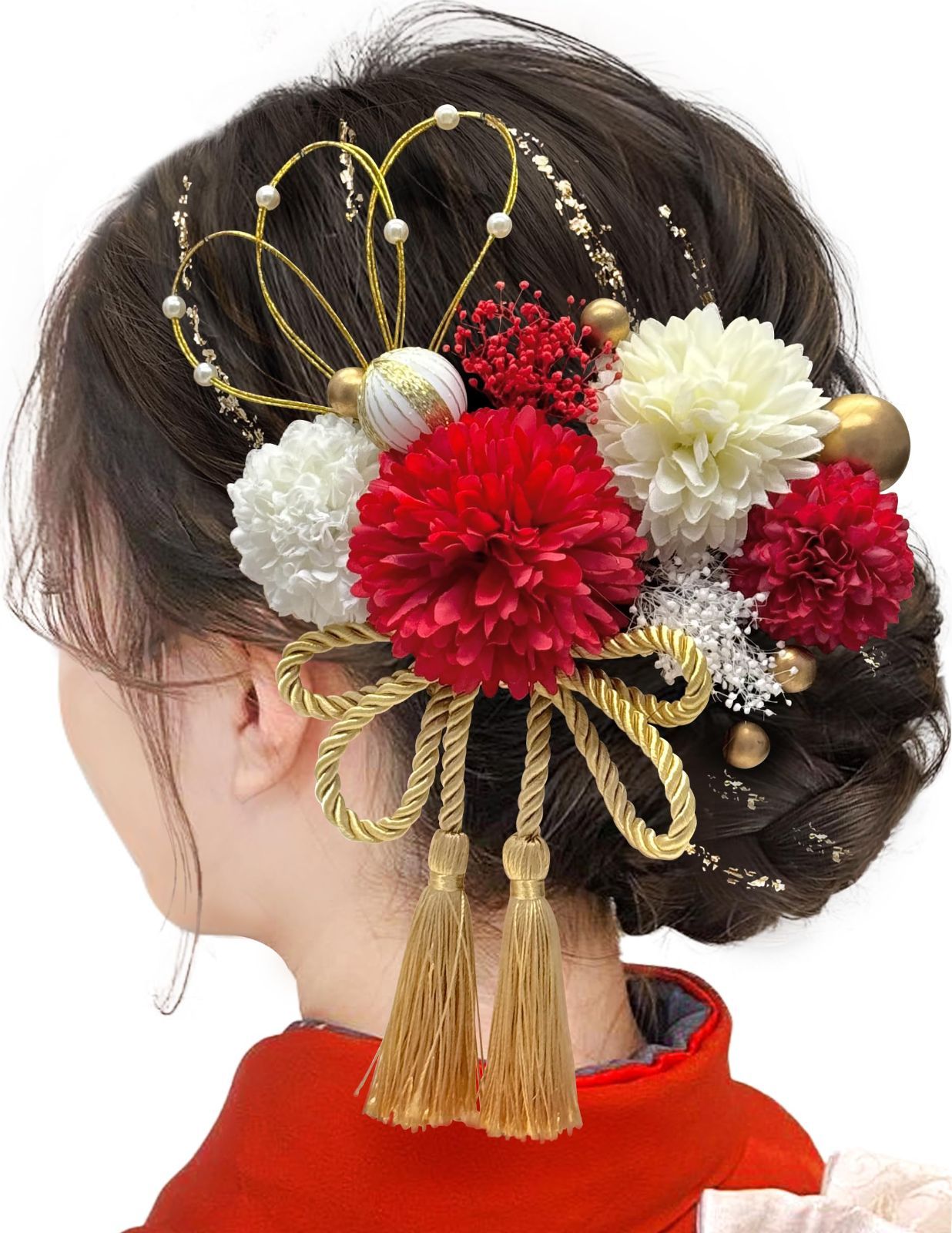 人気商品 白 手作りかわいい 造花 かすみ草 水引 結婚式 卒業式 F3710 和装 振袖 飾り 着物 袴 浴衣 七五三 ドライフラワー 紐 ピンポンマム 髪飾り 成人式