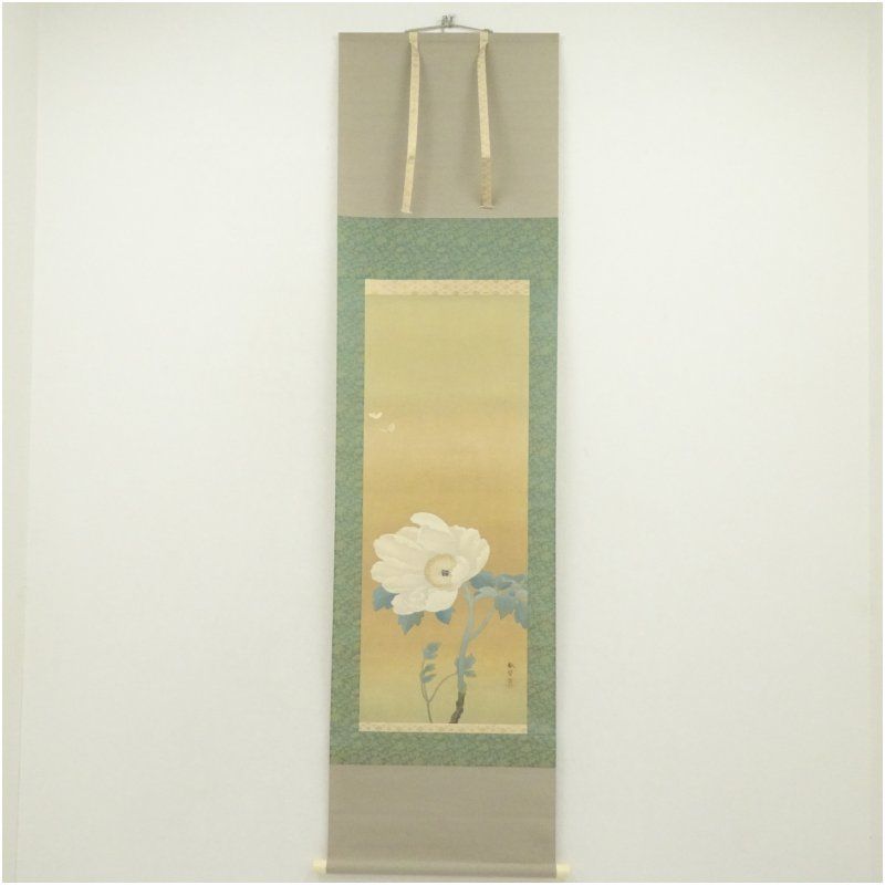 菱田春草　白牡丹　印刷絹本掛軸（共箱） 掛け軸 床の間 書 おしゃれ 絵画 表具 芸術 茶道 年中掛け インテリア 茶掛 掛物 和室