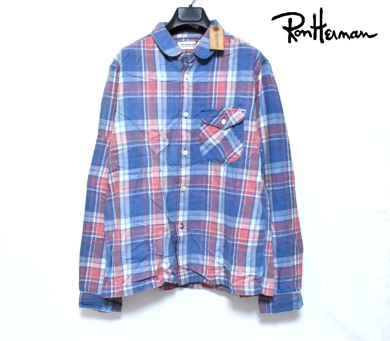 新品 RON HERMAN DENIM ラウンドカラー チェック ネルシャツ ロンハーマン デニム コンチョボタン