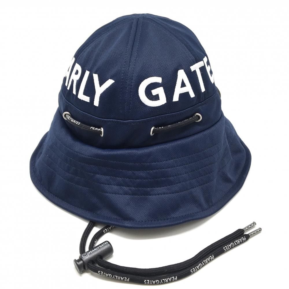 【超美品】パーリーゲイツ 後ろベルトハット ネイビー×白 ロゴ刺しゅう あご紐・汗取りパッド付 FR ゴルフウェア PEARLY GATES