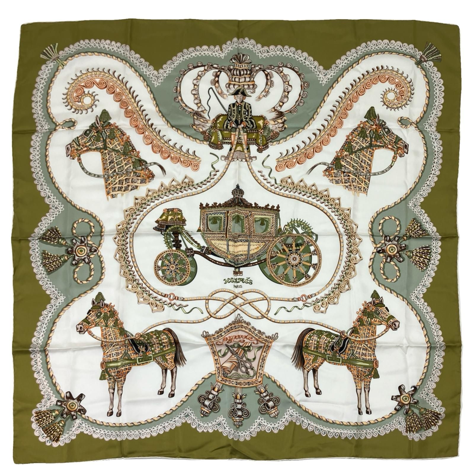 HERMES エルメス シルクスカーフ カレ90 パプロール パプロール馬車と貴族 ホワイト×グリーン