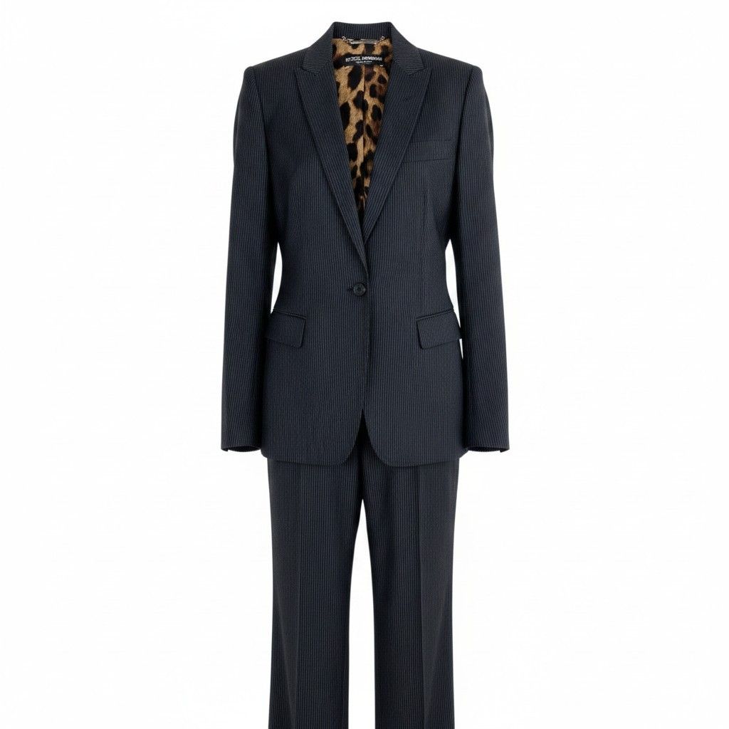 He11 DOLCE&GABBANA パンツスーツセットアップ テーラードジャケット スラックス ストライプ レオパード イタリア製 38サイズ グレー レディース 女性用k02i