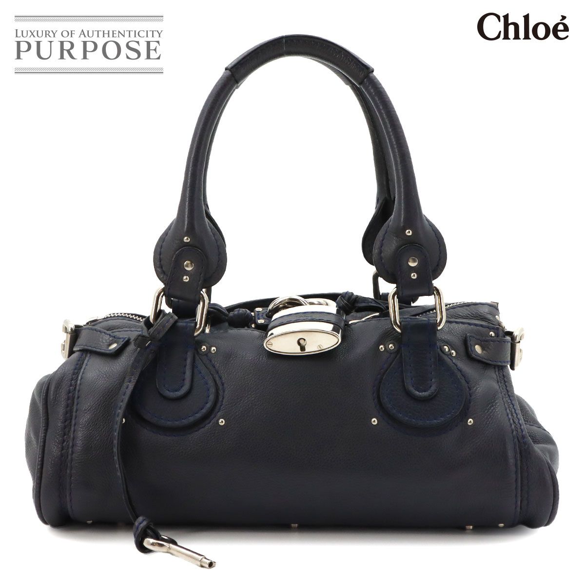 クロエ Chloe パディントン ハンド バッグ レザー ネイビー シルバー