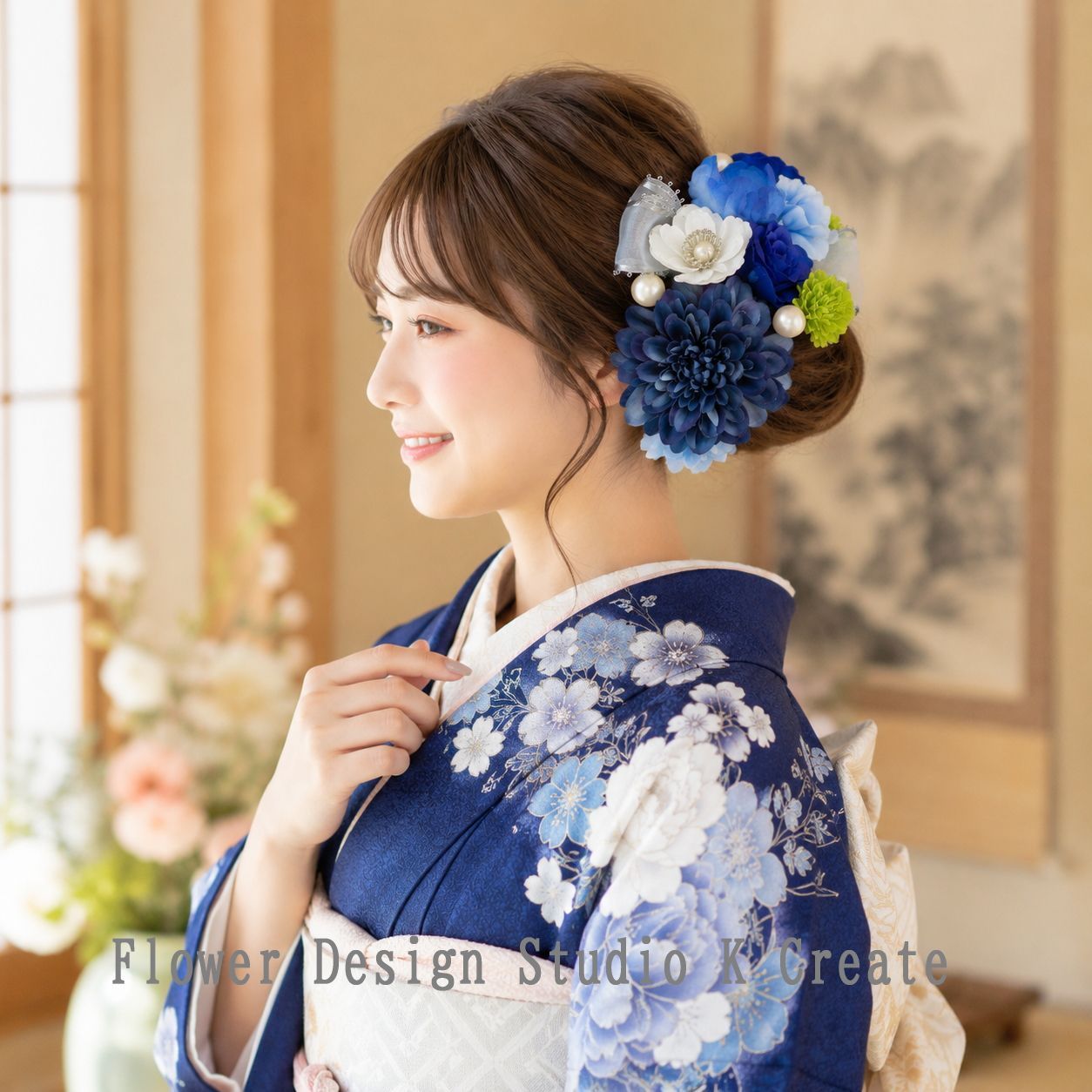 ウェディング・成人式に♡ブルーダリアとスイートピーのヘッドドレス　薔薇　結婚式　成人式　青　ネイビー　ブルー　卒業式