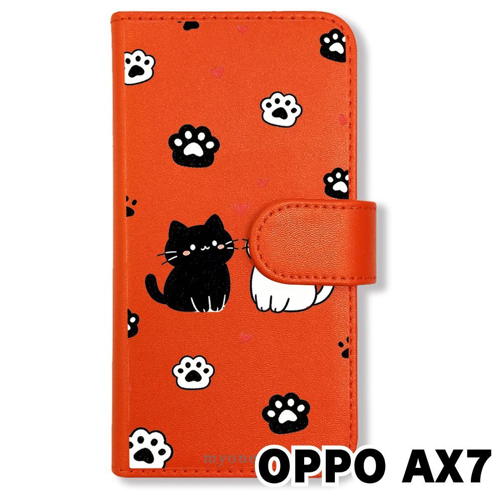新品未使用】 OPPO AX7 手帳型スマホ ケース カバー (色：オレンジ×猫