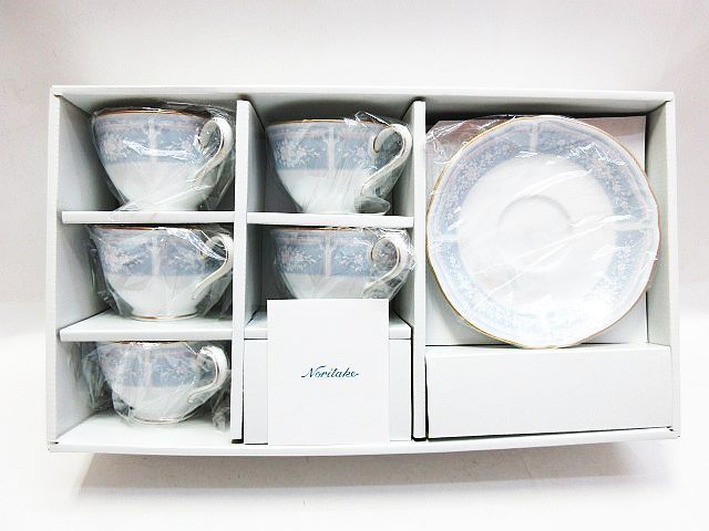 未使用品 Noritake ノリタケ レースウッドゴールド ティー・コーヒー碗皿5客セット カップ＆ソーサー ブルー 洋食器 箱付き E787Z