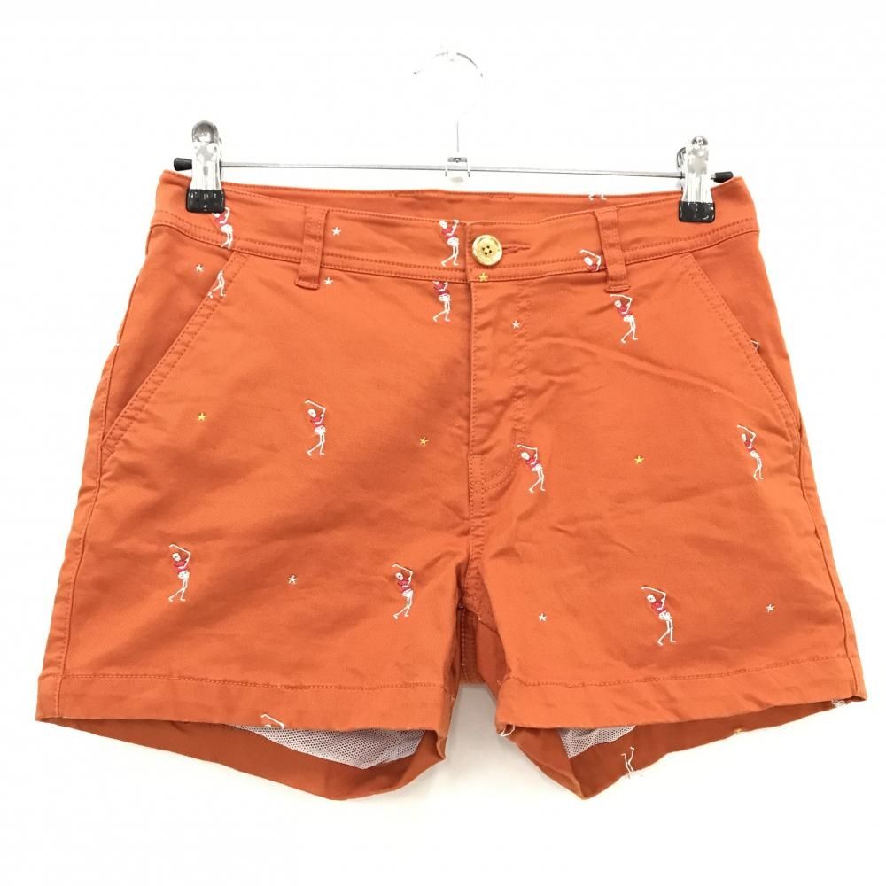 【美品】マークアンドロナ ショートパンツ オレンジ×白 総柄 裏地メッシュ コットン混 レディース M ゴルフウェア MARK＆LONA