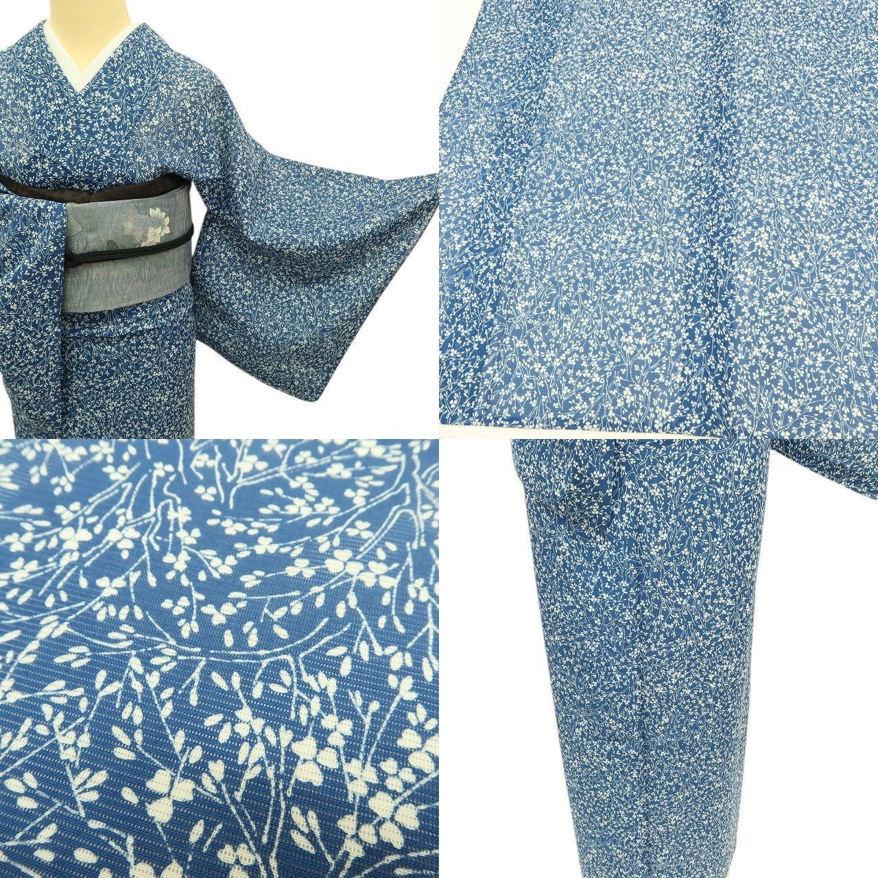 ✾まめ藤✾m3066＊美品 洗える夏着物 絽❀夏空×枝花❀誂え