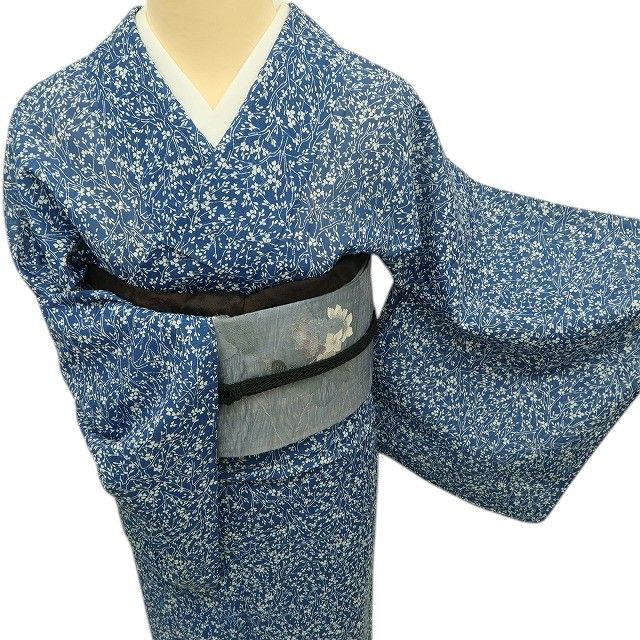 夏着物 絽 小紋 洗える着物 ポリエステル 花文 手縫い 美品 イ6945 ✾まめ藤✾m3066＊美品 洗える夏着物 絽❀夏空×枝花❀誂え