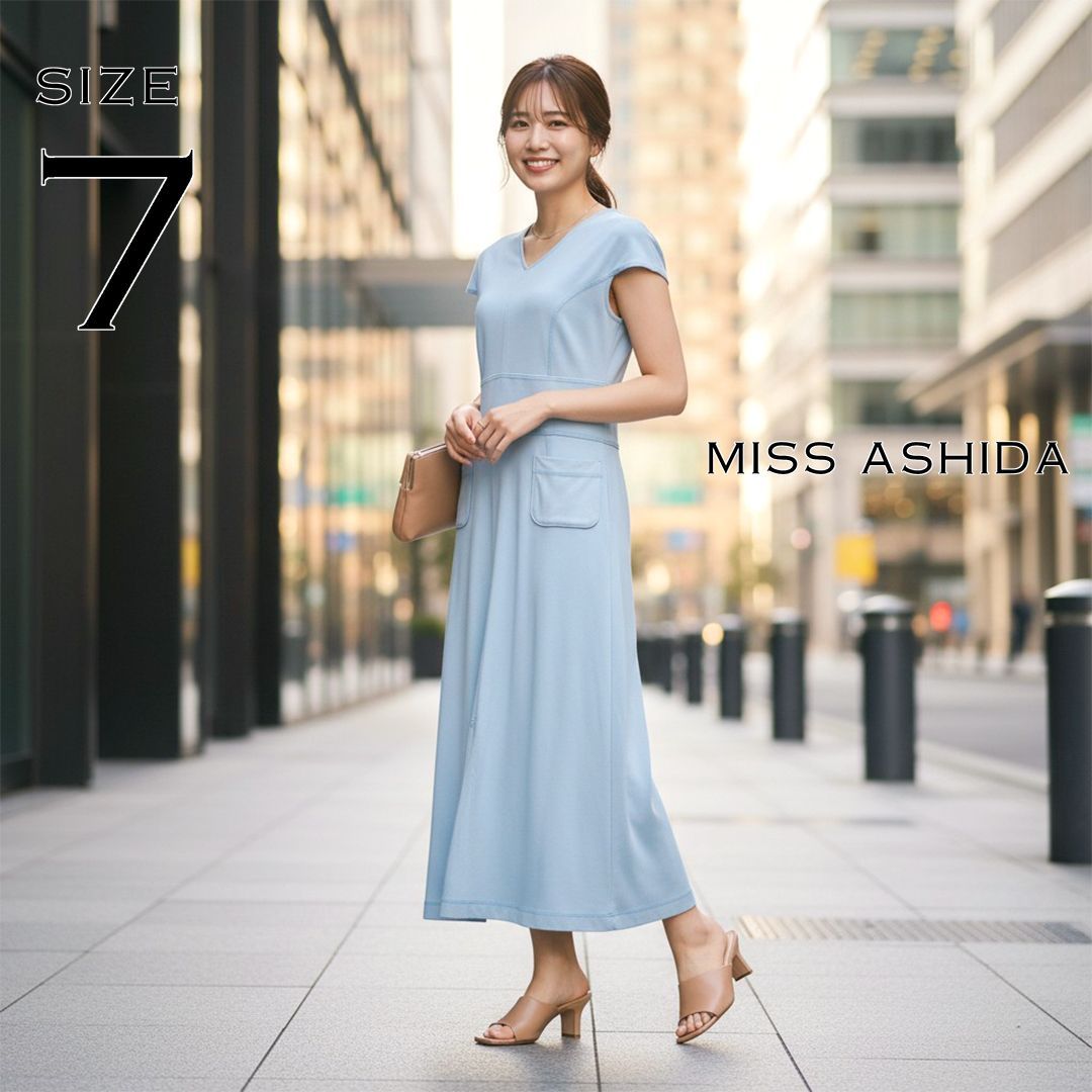 【美シルエット】miss ashidaミスアシダ 日本製 近年モデル レーヨン混 フレンチスリーブ ロングワンピース 7(S) シアン水色 【古着】【中古】【送料無料】