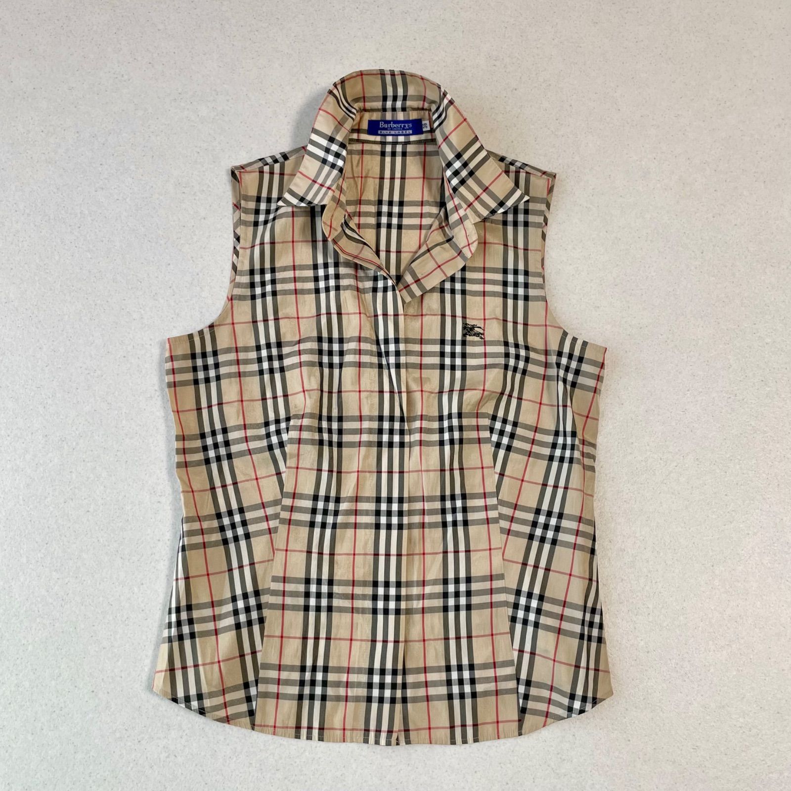 Burberrys BLUE LABEL バーバリーブルーレーベル ノバチェック シルク混 ホースロゴ刺繍 ノースリーブ シャツ ベージュ 38