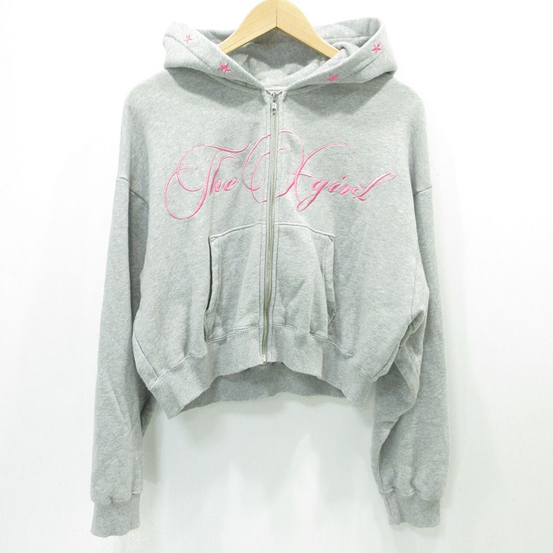 【三重本店】 中古 X-girl | エックスガール PENCIL SCRIPT LOGO EMBROIDERED ZIP UP SWEAT HOODIE ロゴ刺繍長袖ジップパーカー 105253012009 グレー サイズ：S 【110】