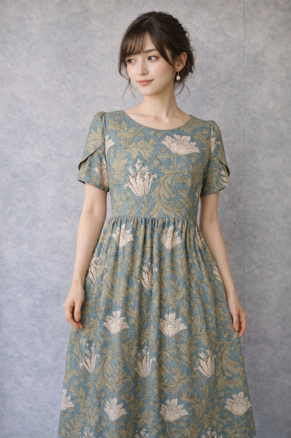 ꧁ウィリアムモリス꧂アネモネ/チューリップ袖のクラシカルワンピース【アネモネの丘 ハンドメイド】