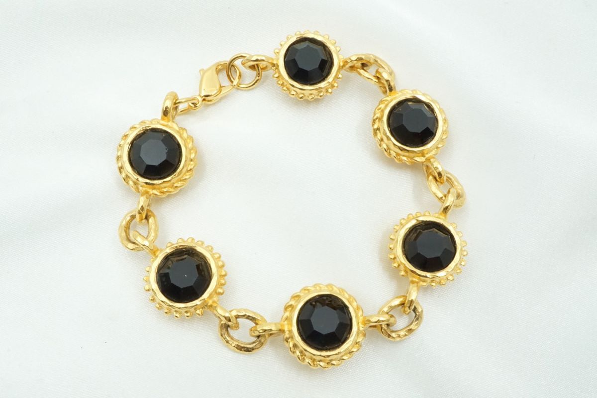 フェンディ ヴィンテージ ブレスレット ブラックストーン FFロゴ ズッカ柄 大粒 アクセサリー メッキ 金 ゴールド FENDI 6394j
