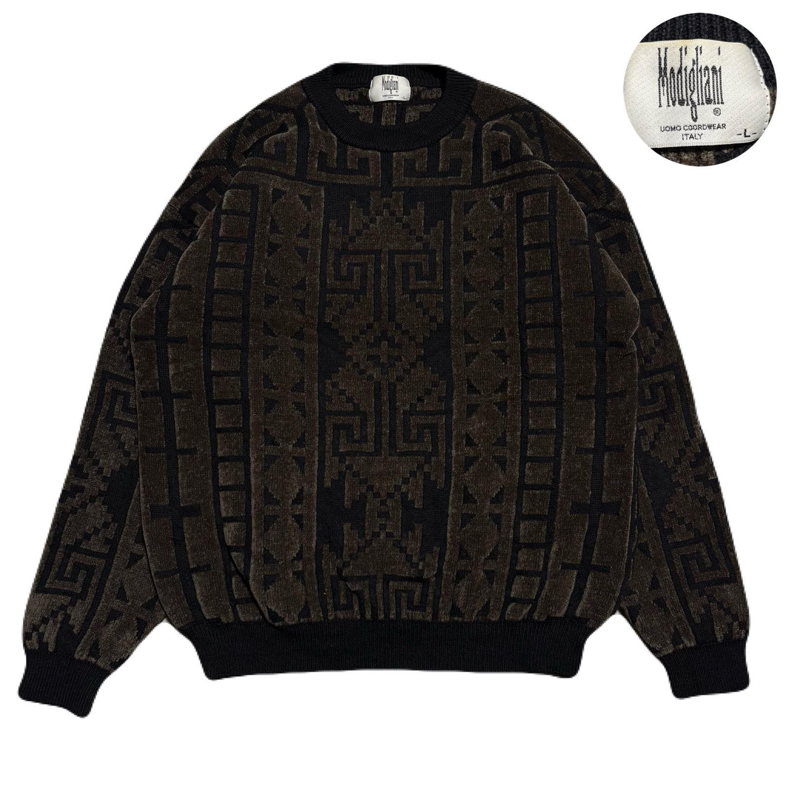Modigliani モディリアーニ 3Dニット DesignerKnitwear デザインニット Knit ニット セーター All-overPattern 総柄 Acrylic アクリル Wool ウール Nylon ナイロン Khaki カーキ L