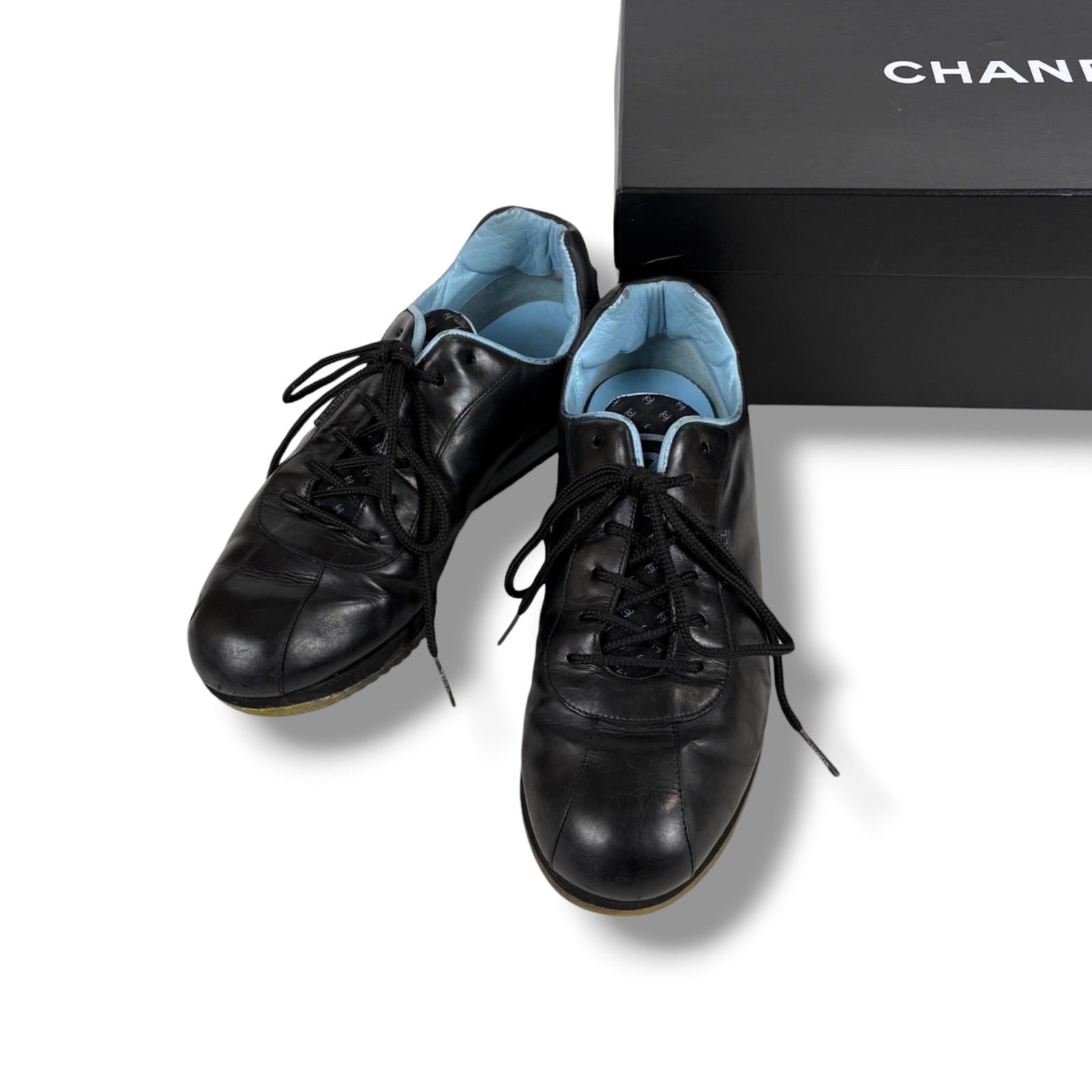 CHANEL シャネル　ココマーク　レザー　ローカットスニーカー　ブラック　黒　水色　03A 2003年