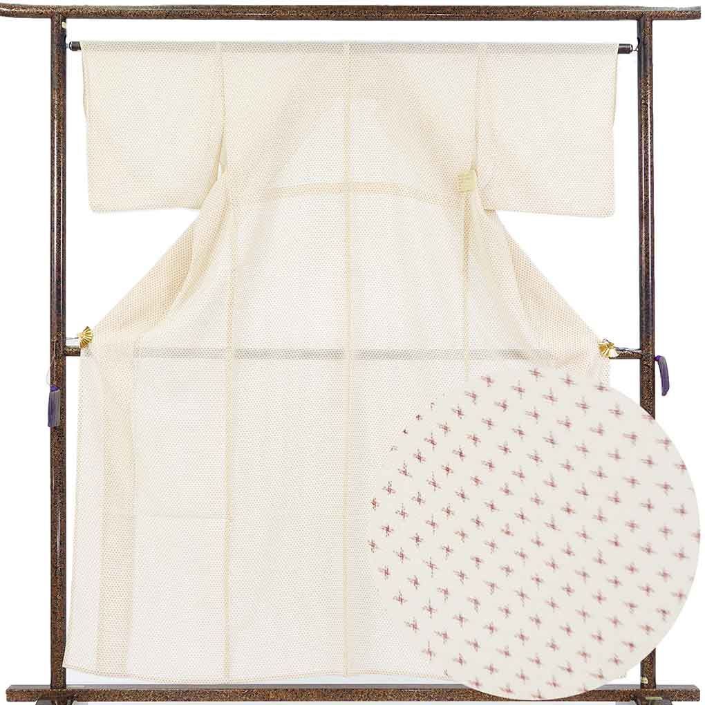 紬 身丈159cm 裄65cm 前幅25cm 後幅31cm 袖丈44cm 袖幅33cm レディース 絣模様 裄Mサイズ 夏用 正絹（シルク）ベージュ 美品 リメイク リユース リサイクル【呉服のきくや】