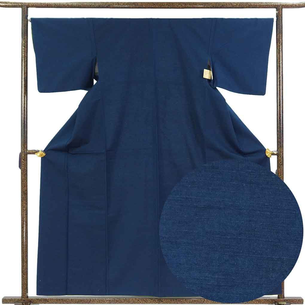 紬 身丈159cm 裄67cm 前幅22.5cm 後幅30cm 袖丈45cm 袖幅33.5cm レディース 袷 無地 裄長 裄Lサイズ 秋冬春用 正絹（シルク）ネイビー 美品 リメイク リユース リサイクル【呉服のきくや】