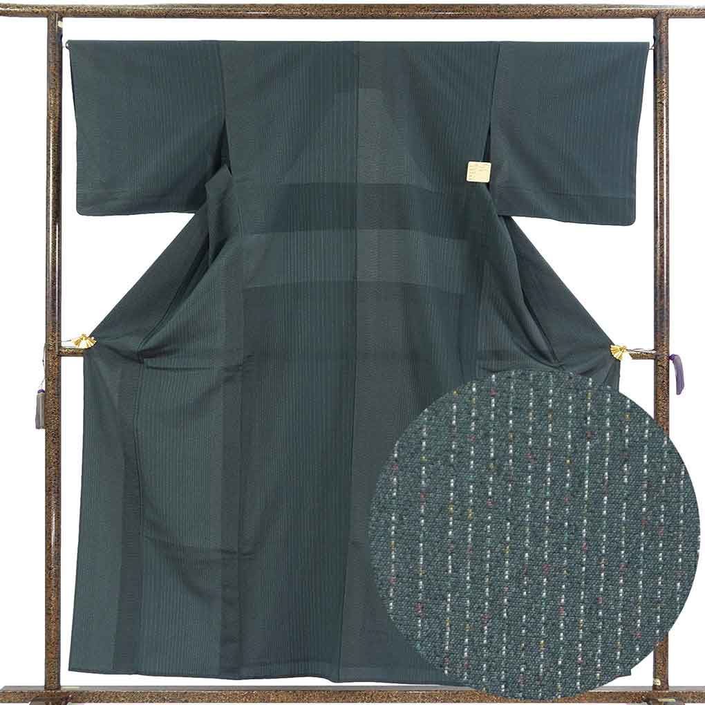御召し 身丈159cm 裄67cm 前幅25cm 後幅30cm 袖丈45cm 袖幅34cm レディース 単衣 銀通し 裄長 裄Lサイズ 初夏・初秋用 正絹（シルク）グリーン 美品 リメイク リユース リサイクル【呉服のきくや】
