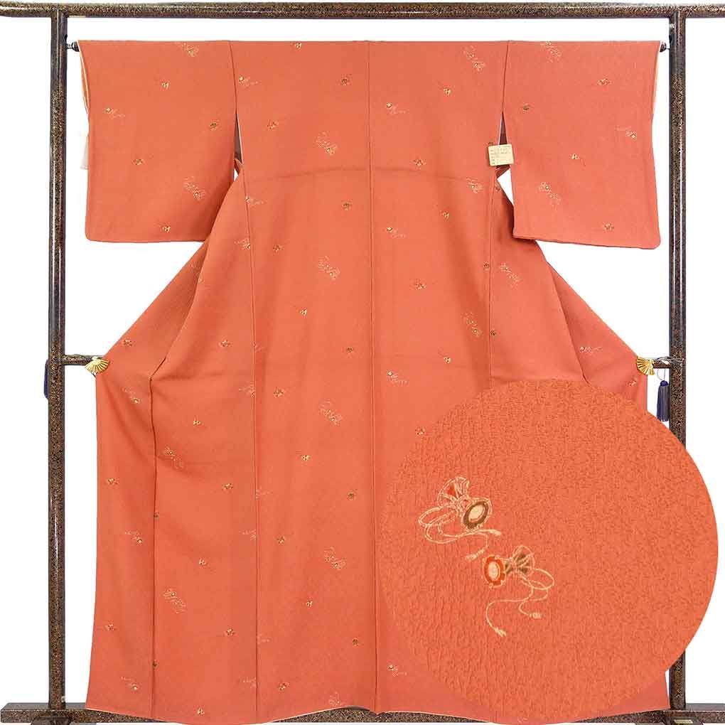 小紋 身丈162cm 裄67cm 前幅24.5cm 後幅29cm 袖丈50cm 袖幅34cm レディース 袷 宝尽くし 裄長 裄Lサイズ 秋冬春用 正絹（シルク）レッド 美品 リメイク リユース リサイクル【呉服のきくや】