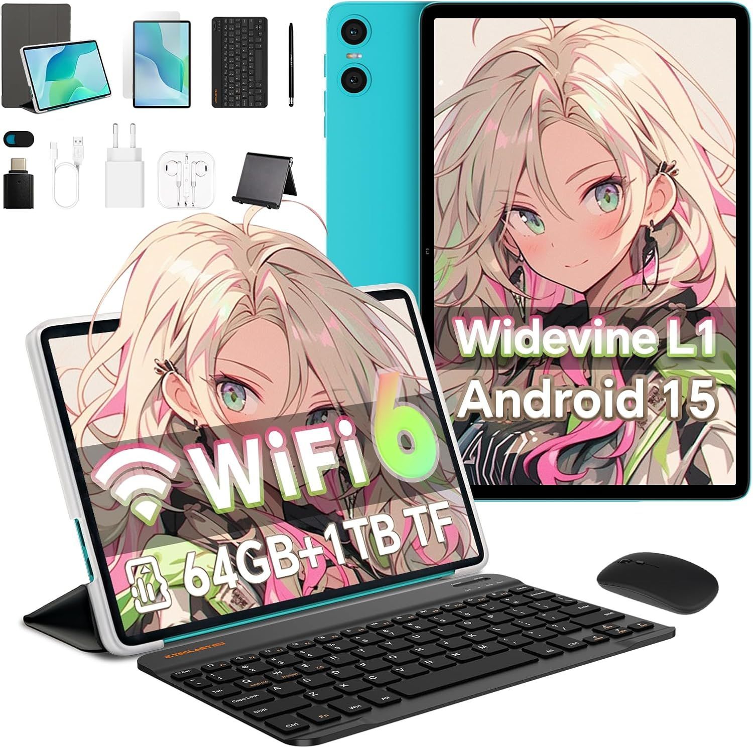 Android 15 タブレット 10インチ 9GB+64GB+1TB 拡張、2 in 1 タブレット キーボード/マウス/保護ケース/スタイラス/フィルム/スタンド/ヘッドフォン/説明書付き