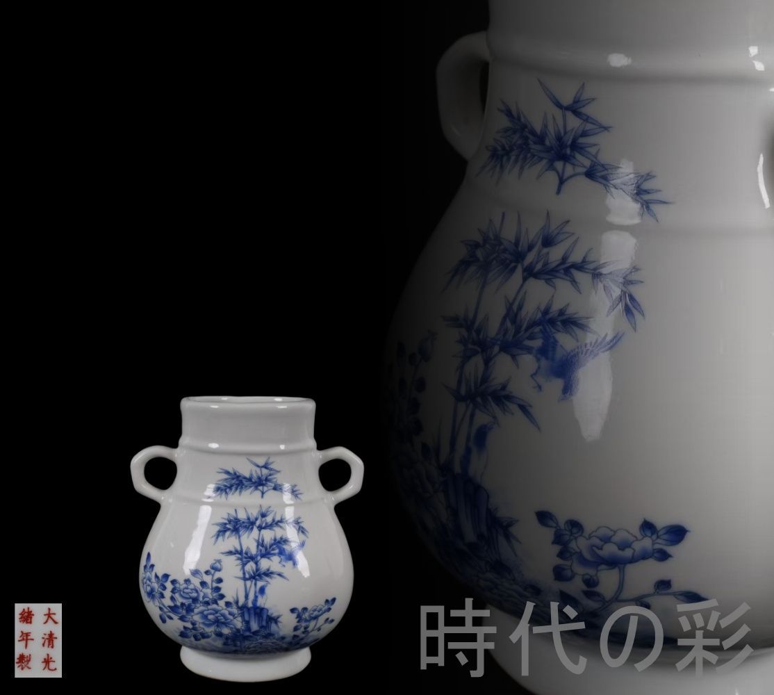 【青花 節節高升文 小福筒】景徳鎮窯 中国古美術 染付 花瓶 小壺 古陶磁 陶磁器 唐物 骨董 收蔵逸品 R26032717