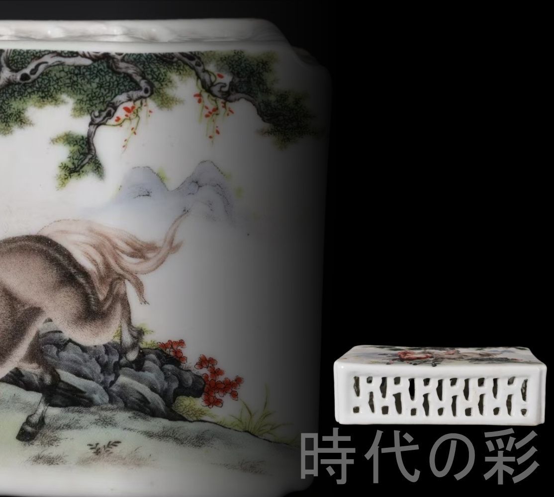 【透かし 粉彩 馬到功成文 鎮紙】景徳鎮窯 中国古美術 色絵 文房具 書道具 古陶磁 唐物 骨董 收蔵逸品 R26032618