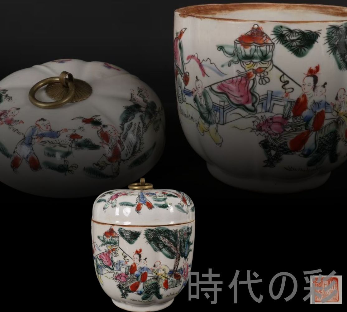 【粉彩 麒麟送子文 瓜稜参罐】景徳鎮窯 中国古美術 色絵 蓋罐 茶入 古陶磁 陶磁器 唐物 骨董 收蔵逸品 R26032620