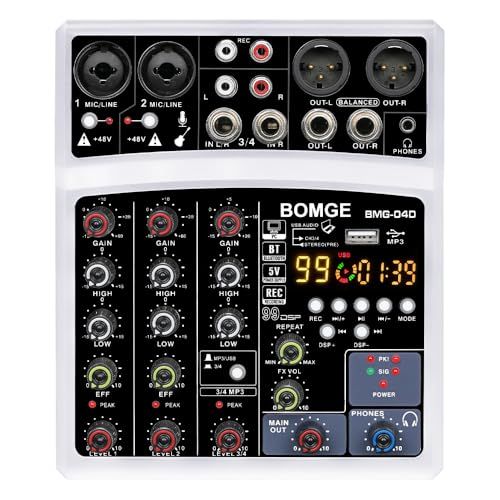 BOMGE4チャンネル99DSPdjオーディオサウンドミキサーインターフェースミキシングコンソールカラオケMP3USB Bluetooth、ステレオレコード、48Vファンタム電源、5V電源 (white)