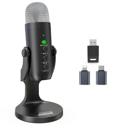 ZealSound ワイヤレスマイク、*Phone PC iPad Android Phone用USBマイク、ミュートエコーモニターボリュームゲインBluetooth 2.4GHz付きコードレスコンデンサーデスクトップマイク、ポッドキャスト、ASMR、ゲーム、