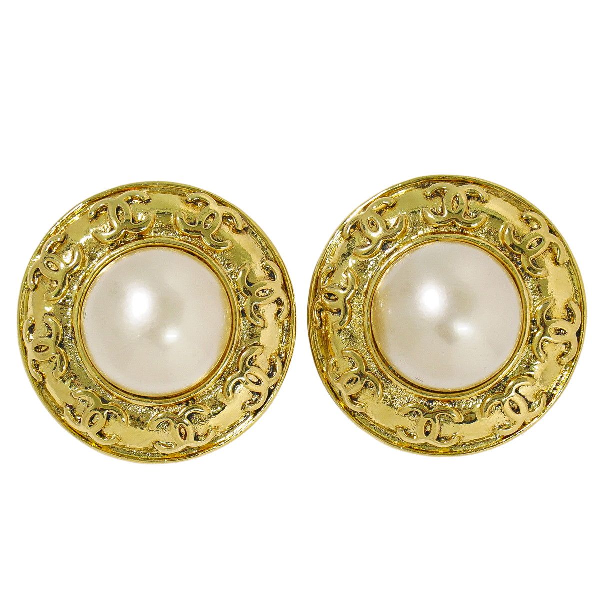 本物 シャネル CHANEL ココマーク フェイクパール イヤリング GP ゴールド メッキ ホワイト Coco Mark アクセサリー ジュエリー 中古・